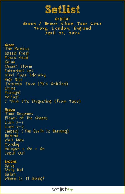 Orbital Setlist Troxy, London, England, Green / Brown Album Tour 2024