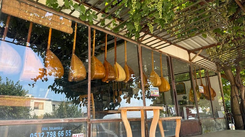 Bağlamas hanging up in a shop window