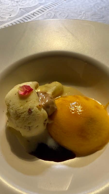 Caramelized Peach with Whisky reduction and almond ice cream